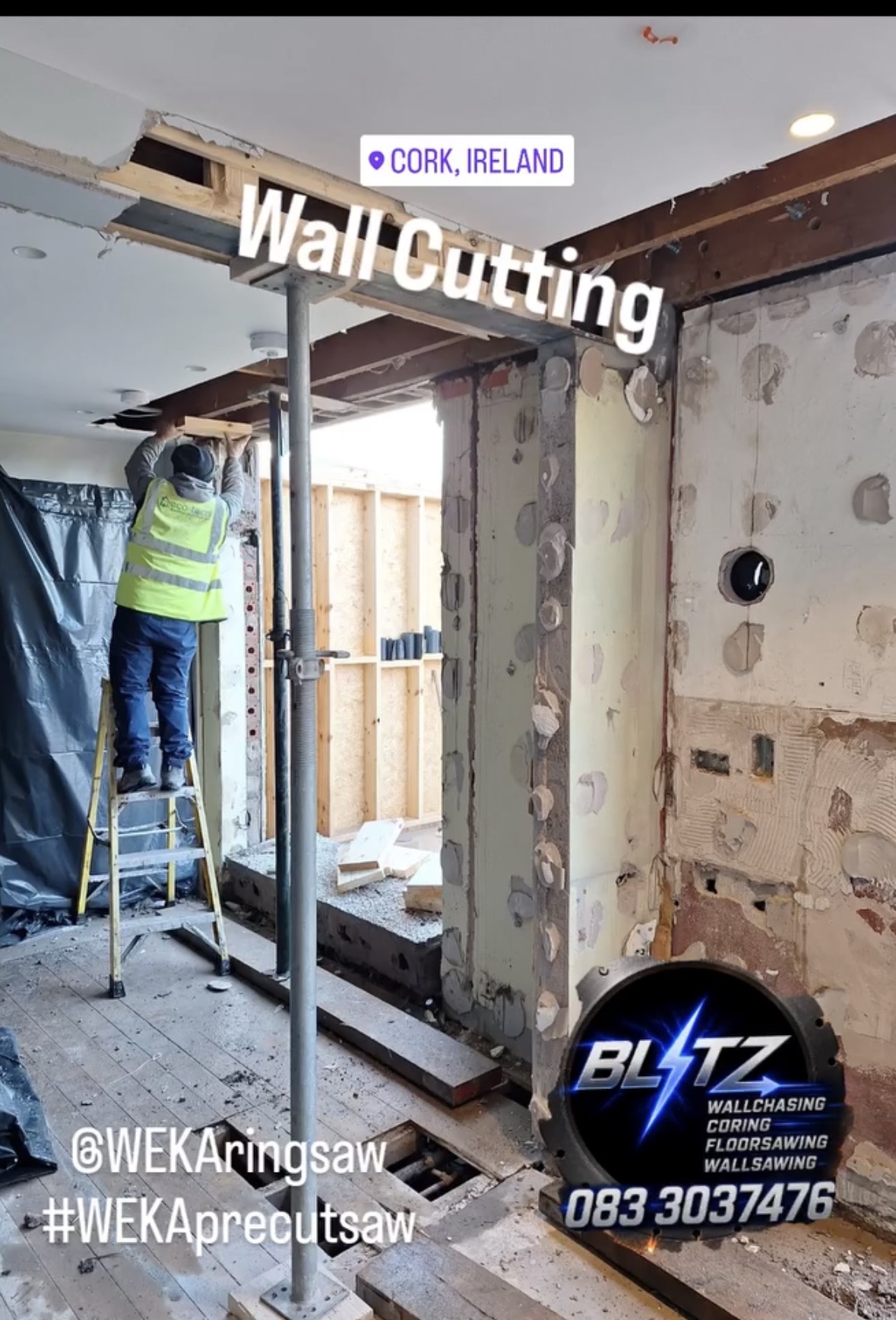 Structural wall cutting in progress on a Cork site — Blitz Cut n Core