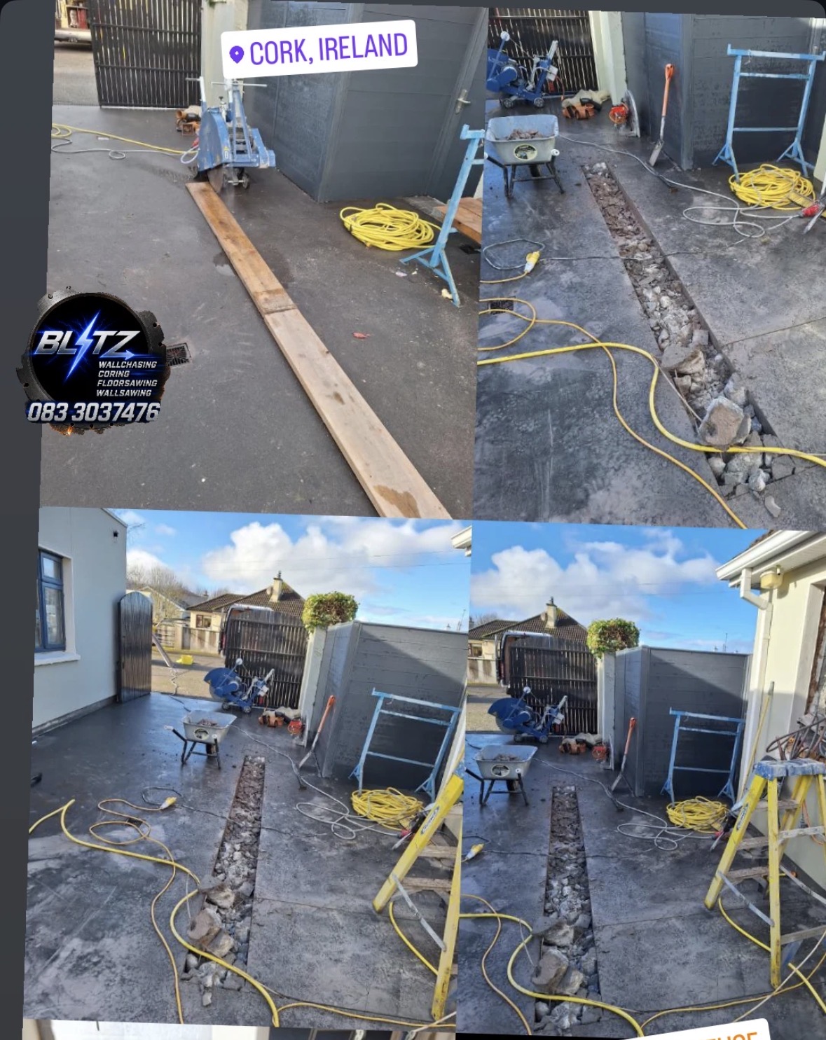Floor sawing in progress — concrete slab trench cut, Cork
